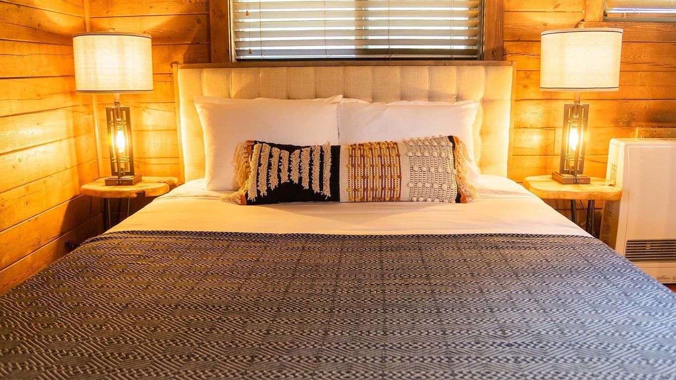 Cozy bedroom with a bed, lamps, and wooden walls.