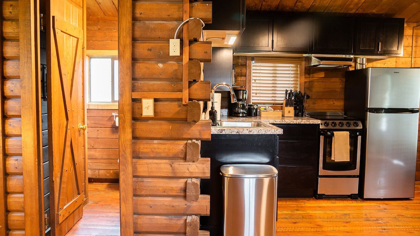 Wooden cabin kitchen with stainless steel appliances and brown cabinets.