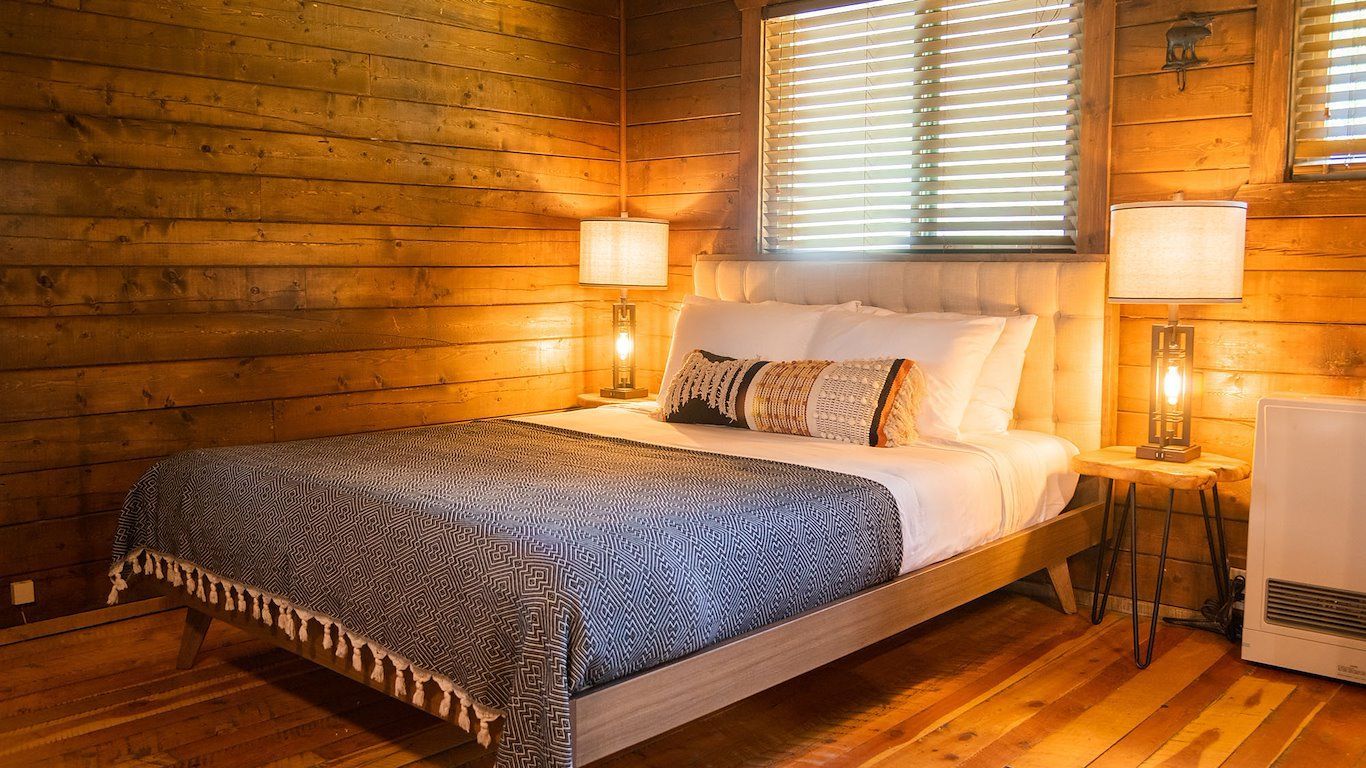 Bedroom with wooden walls and floor, bed with patterned blanket, two lamps, and a window with blinds.