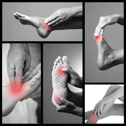 Collage of hands and feet with red highlights showing pain in joints and soles