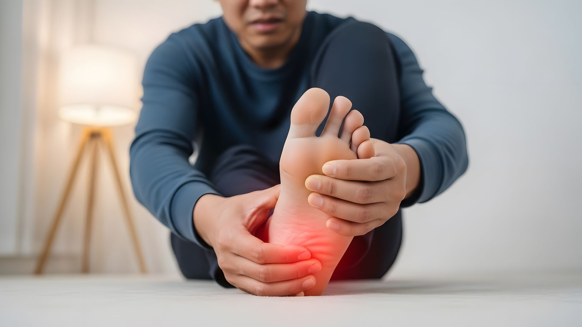 Person holding a foot with a red painful area near the heel on a bed