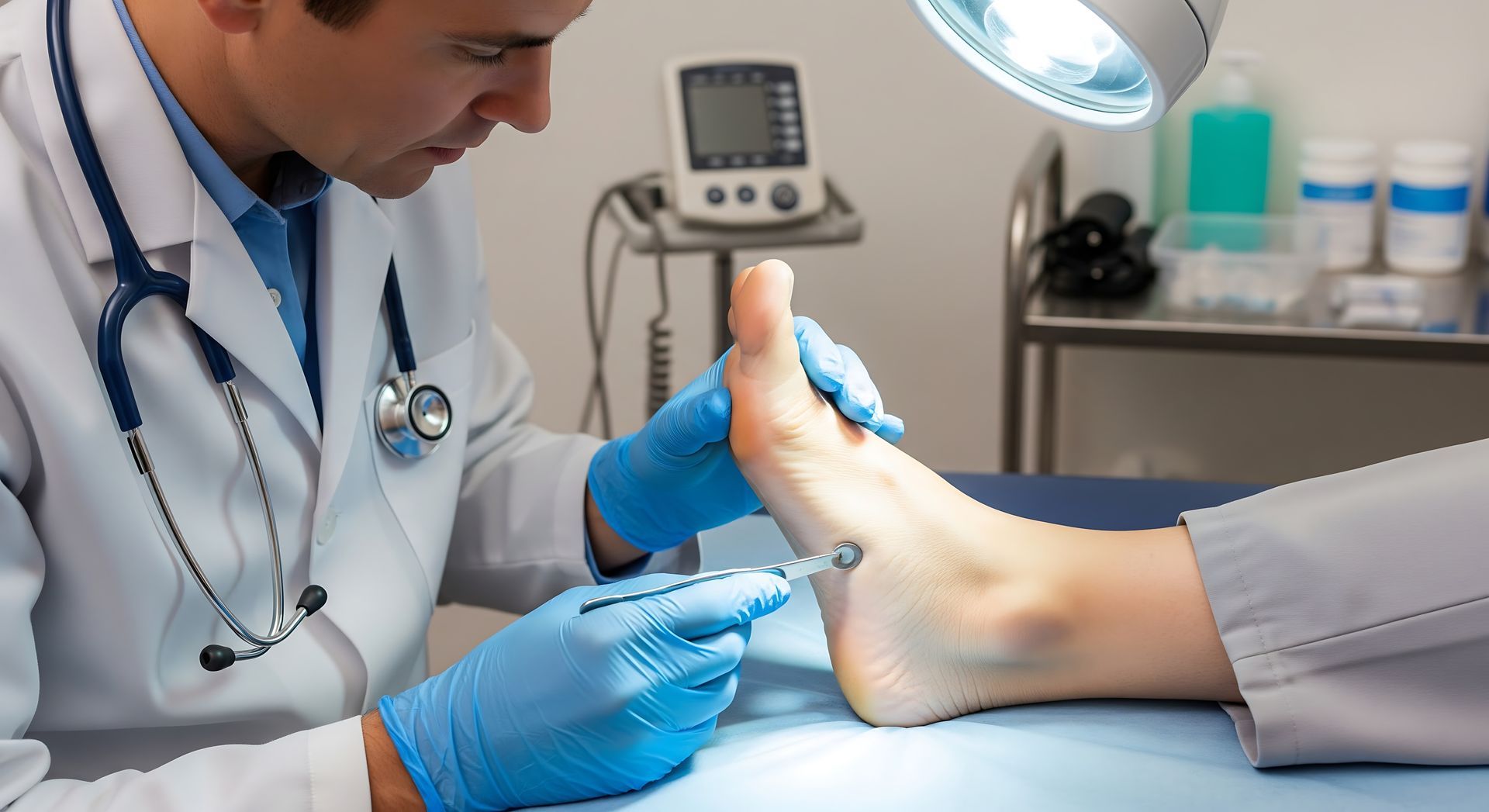 Doctor examining a patient’s foot with blue gloves in a clinical room