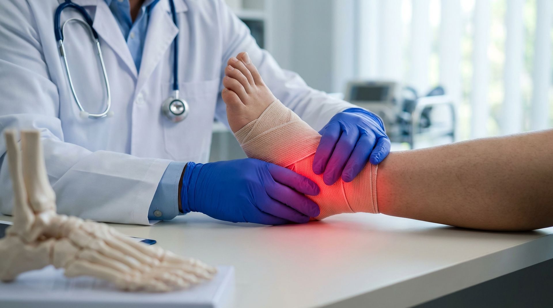 Doctor examining a swollen ankle with red glow in a clinic