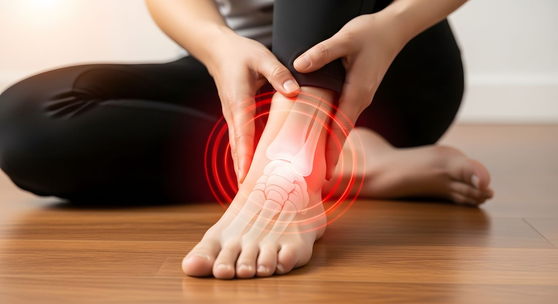 Person holding an injured ankle with red pain highlights, sitting on a wooden floor indoors