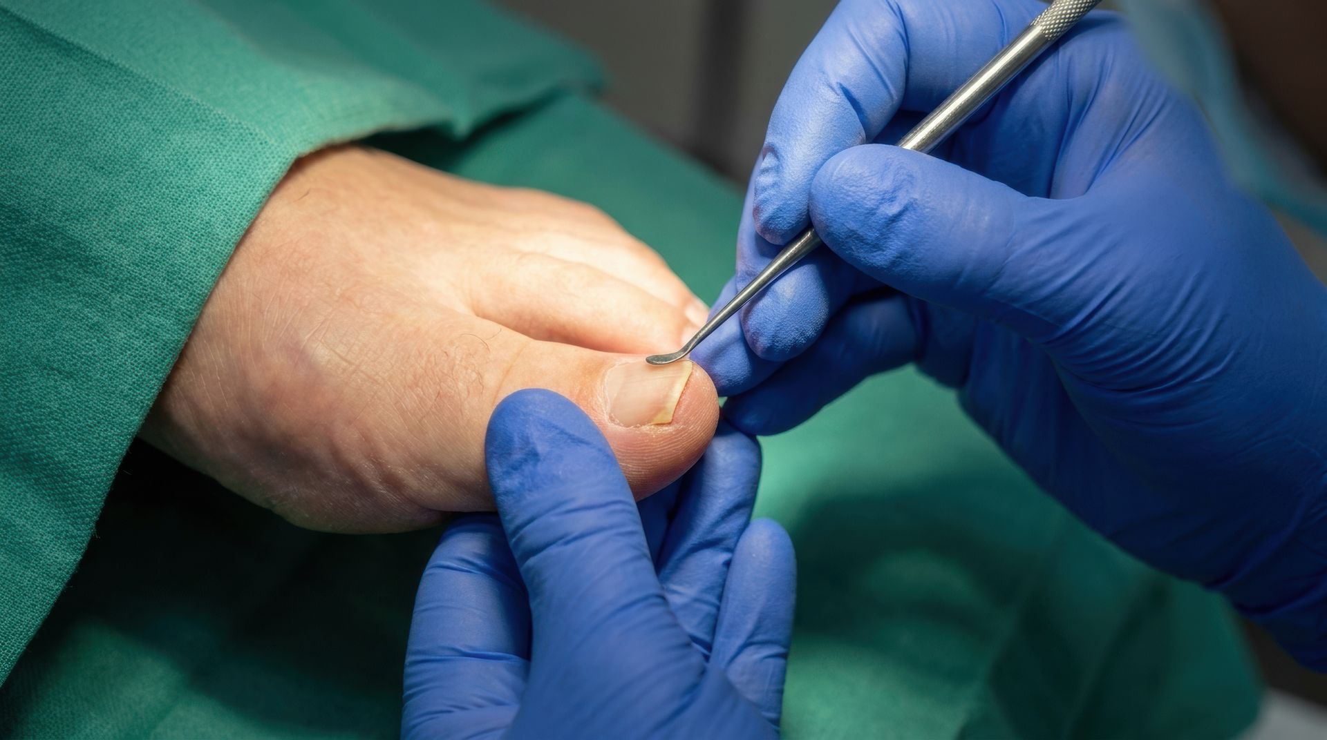Gloved hands perform a toenail procedure with a metal tool on a patient’s foot.