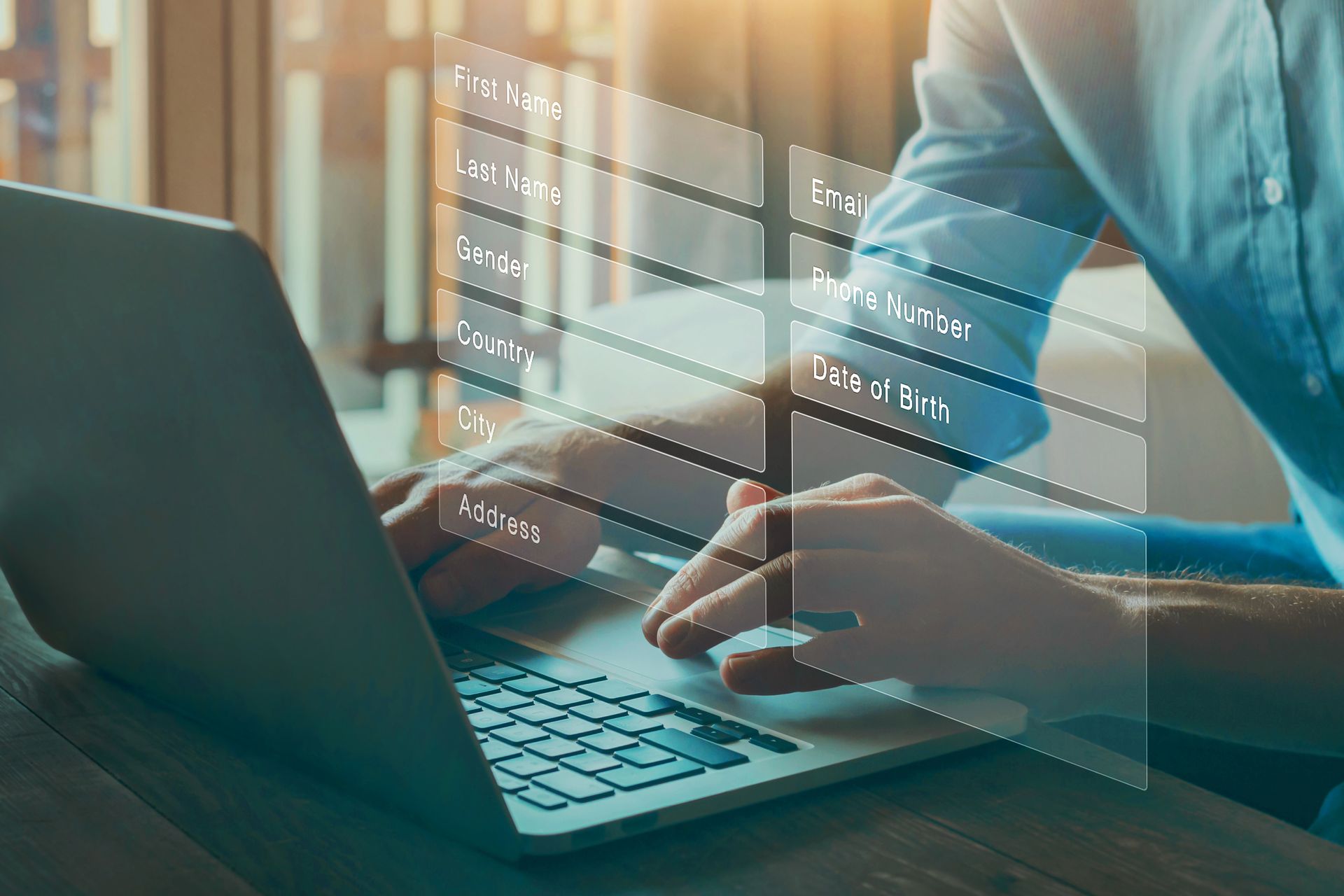 Person typing on a laptop with transparent data interface overlays in a blue-lit workspace