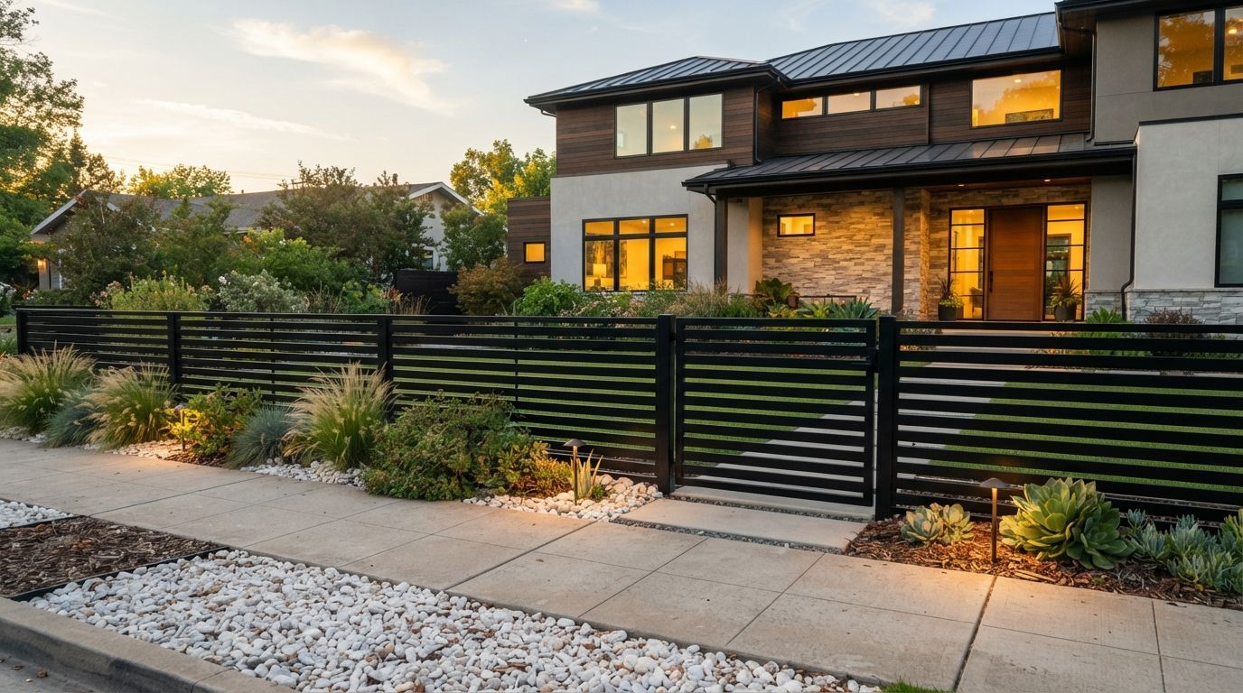 A modern black horizontal slat metal fence with a matching gate framing the front yard of a luxury