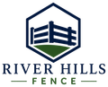 River Hills Fence Logo with Hexagon Emblem, Fence Graphic, Green Lawn Accent, and Company Name in River Hills, WI