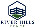 River Hills Fence Logo with Hexagon Emblem, Fence Graphic, Green Lawn Accent, and Company Name in River Hills, WI