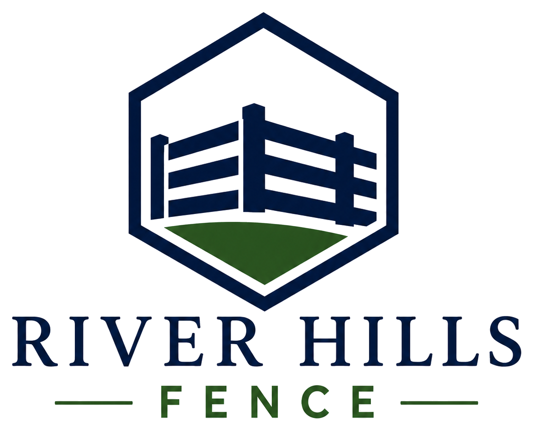 River Hills Fence Logo with Hexagon Emblem, Fence Graphic, Green Lawn Accent, and Company Name in River Hills, WI