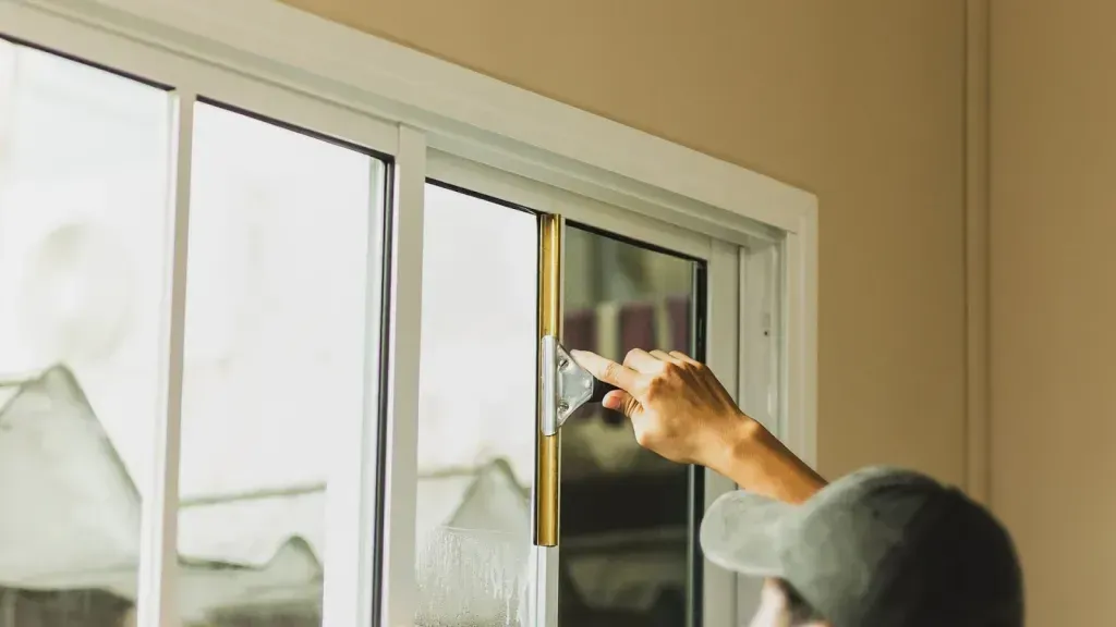 A man is cleaning a sliding glass door with a squeegee.