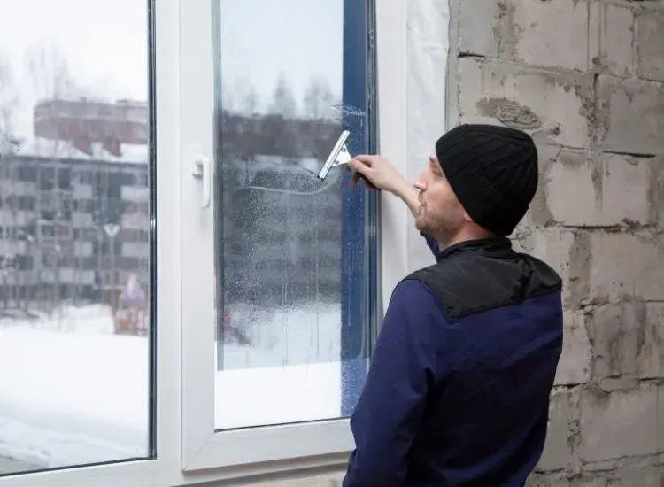 A man is cleaning a window with a squeegee.