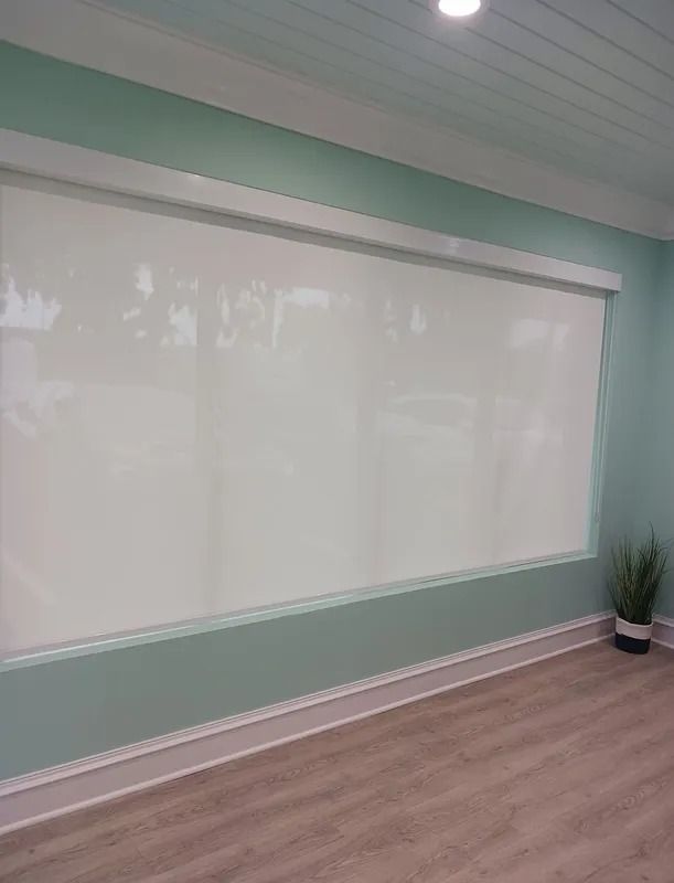 Empty mint-green room with a large white wall panel, wood floor, and a potted plant in the corner.
