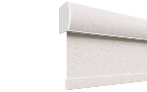 White pleated window shade with a matching valance, shown closed against a light background