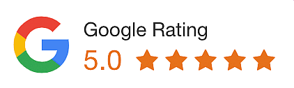 Google rating 5.0 with five orange stars beside the Google logo