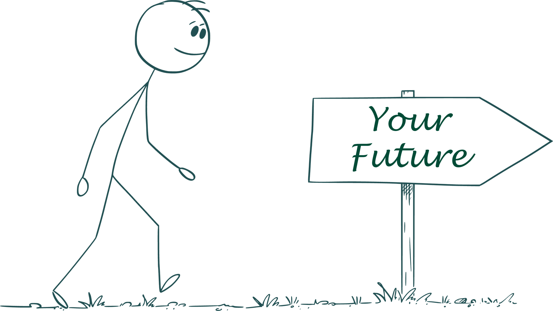 A man walking in the direction of a sign saying 'Your Future'