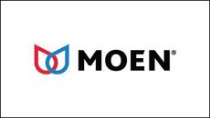 The moen logo is red and blue on a white background.