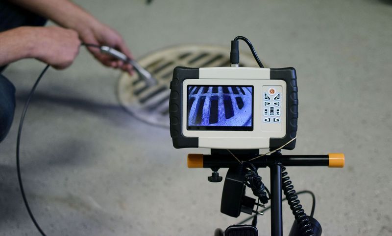 Person using a handheld camera monitor to inspect a pipe or cable connection on the floor
