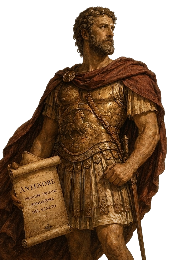 Statua in bronzo di un romano in tunica drappeggiata, in piedi con una pergamena al fianco.