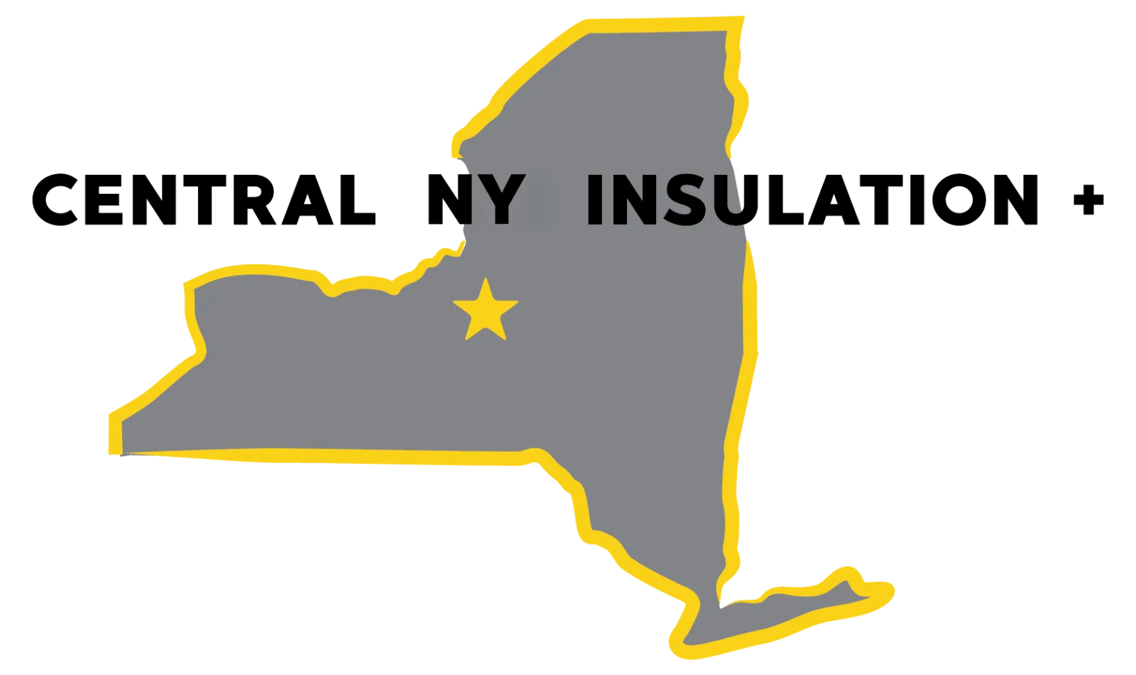 The logo for Central NYS Insulation + shows a map of new york with a yellow star.