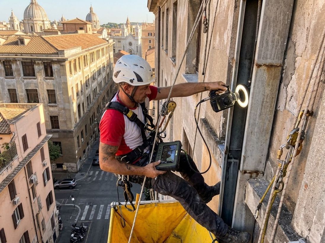 Operaio specializzato in lavori su fune, con casco, mentre pulisce la facciata di un edificio sopra una strada cittadina
