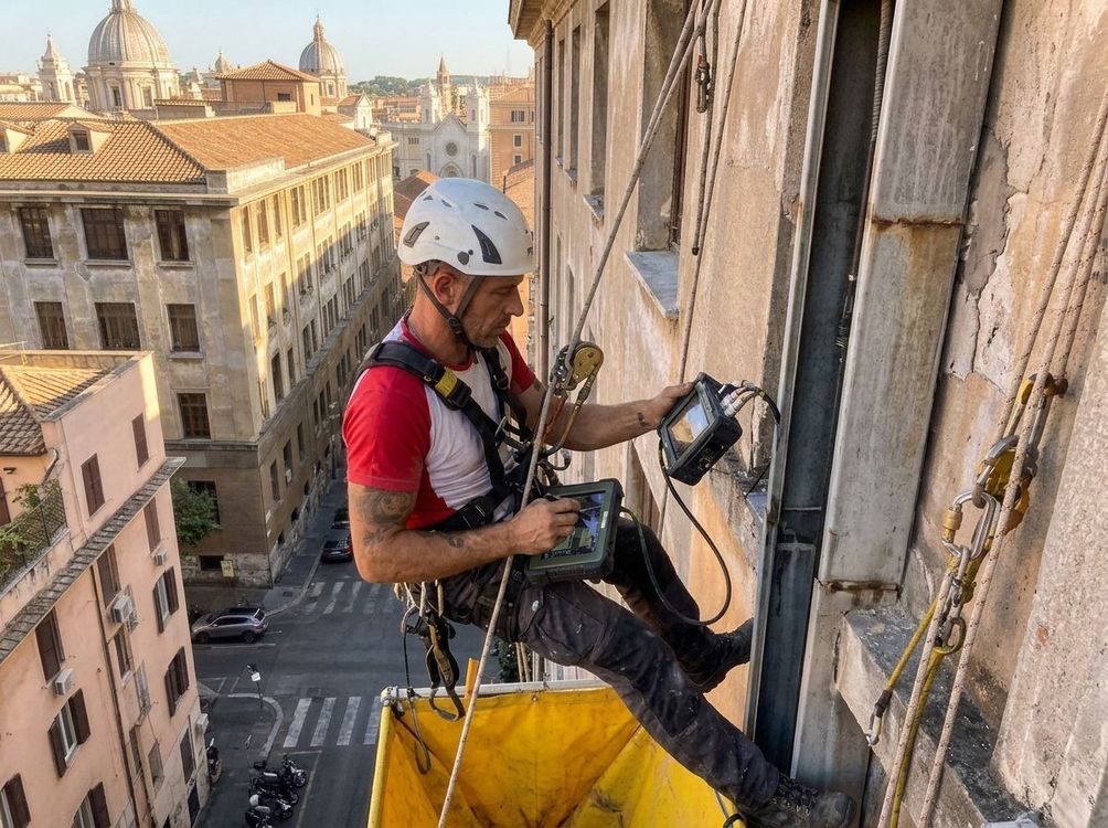 Un operatore di accesso su fune con il casco pulisce la facciata di un edificio, sospeso in alto sopra una strada cittadina