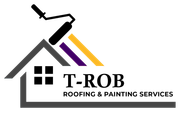 T-ROB Roofing & Painting Services logo with roofline, hammer, and black, purple, and orange stripes