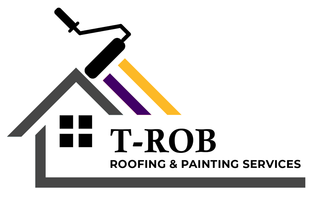 T-ROB Roofing & Painting Services logo with roofline, hammer, and black, purple, and orange stripes