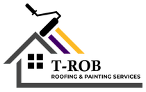 T-ROB Roofing & Painting Services logo with roofline, hammer, and black, purple, and orange stripes