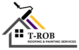 T-ROB Roofing & Painting Services logo with roofline, hammer, and black, purple, and orange stripes