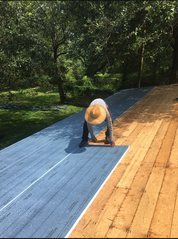 Person kneeling on a blue and wooden deck, painting the blue section outdoors near trees.