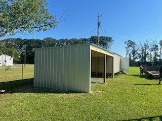 Metal shed in a grassy yard under a blue sky, with an open front and nearby utility pole.