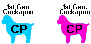 Two Cockapoo dog silhouettes, one blue, one pink, with 