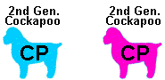 Two stylized dog silhouettes, one blue and one pink, each with 