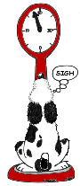 Dalmatian on a scale, sighing, with the scale showing the dog is overweight.