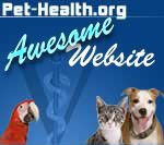 Pet-Health.org website with parrot, cat, and dog. Blue background with medical symbol.
