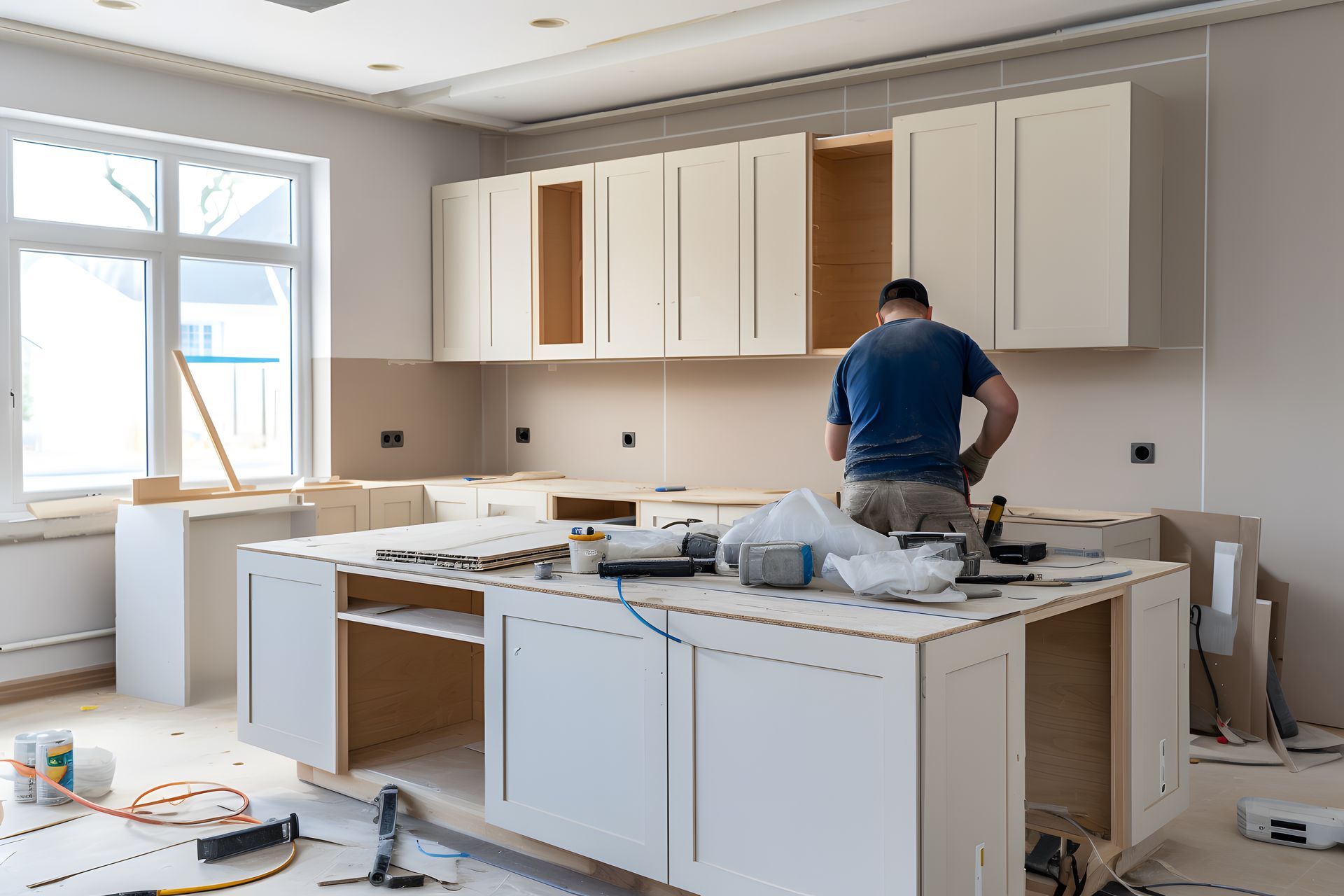 Un homme se tient debout dans une cuisine en construction.