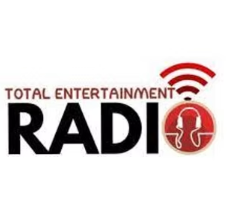 A logo for total entertainment radio with headphones on it