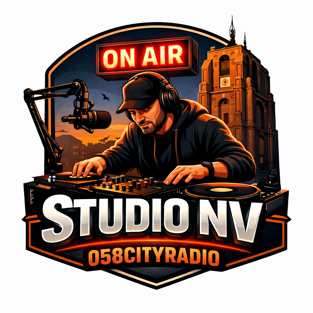 Logo voor Studio NV 058CityRadio met een dj achter een mengpaneel, een 