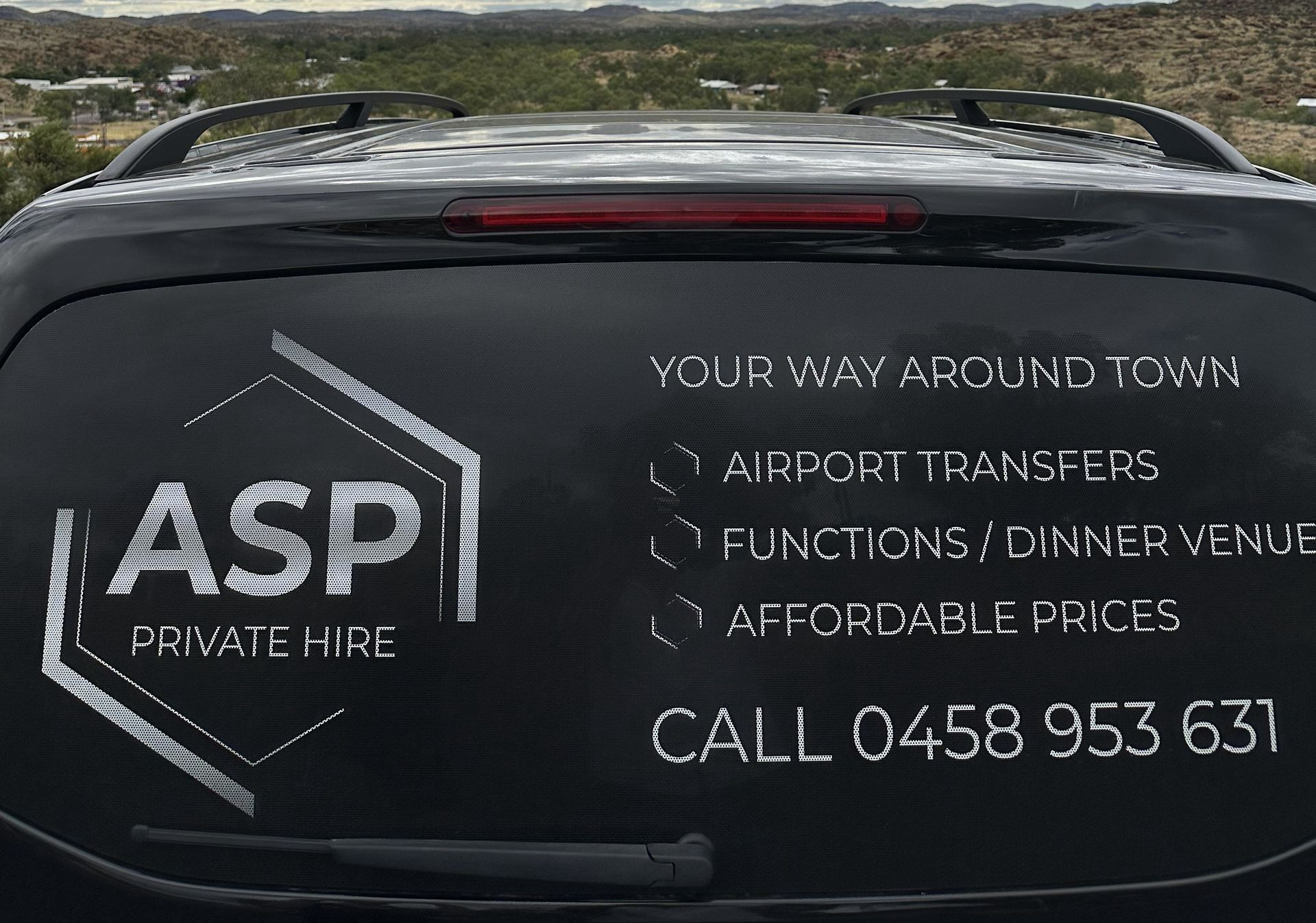 Asp Private Hire Taxi Rear Window Ad Listing Airport Transfer — ASP Private Hire in Ross, NT