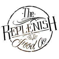 A logo for the replenish food co. is shown on a white background.