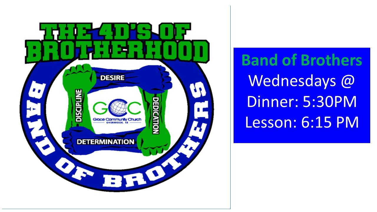 Band of Brothers logo with green text and blue schedule box listing Wednesday dinners and lesson time