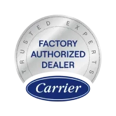 A carrier factory authorized dealer logo that says turn to the experts