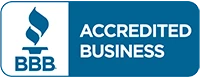 A blue and white sign that says accredited business on it.