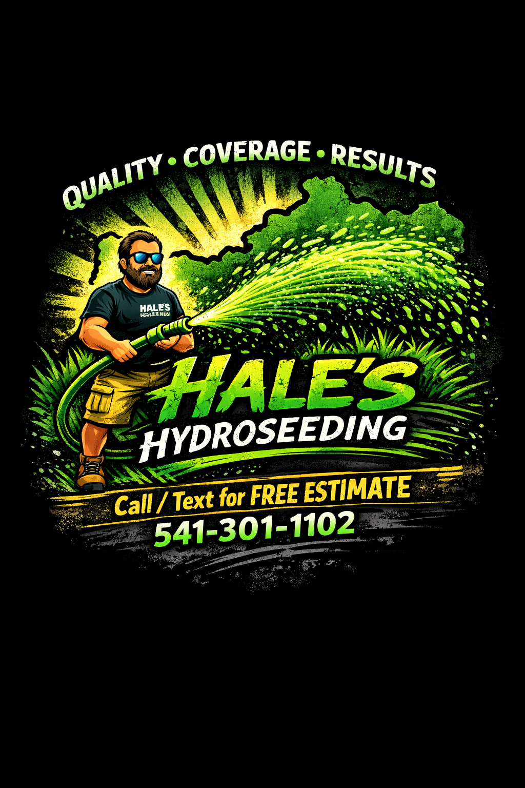 Haile’s Hydroseeding ad with green lawn, worker, and phone number 541-301-1102