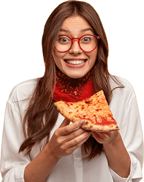 Smiling woman with red glasses holding a slice of pepperoni pizza on a white background