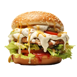 Loaded cheeseburger with sesame bun, lettuce, tomato, melted cheese, and sauces on a white background