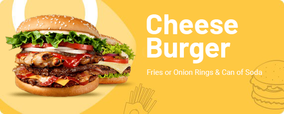 Cheese burger with lettuce, tomato, and sauce on a yellow background with “Cheese Burger” text
