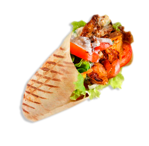 Grilled chicken wrap with lettuce and tomato in a toasted tortilla, isolated on white