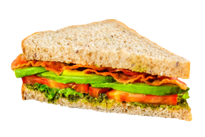 Sandwich with lettuce, tomato, and orange filling on whole-grain bread